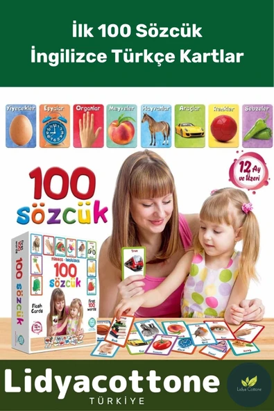 Yabancı Dil Eğitici Zeka Geliştirici Çocuk İlk 100 Sözcük İngilizce Türkçe Kartlar