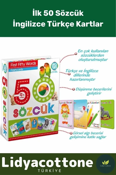 Yabancı Dil Eğitici Zeka Geliştirici Çocuk İlk 50 Sözcük İngilizce Türkçe Kartlar Yabancı Dil
