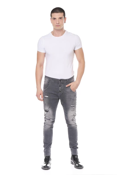 Erkek Skinny Fit Yırtlık Yıkamalı Boya Desenli Jean Kot Pantolon - 11