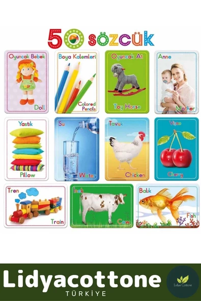 Yabancı Dil Eğitici Zeka Geliştirici Çocuk İlk 50 Sözcük İngilizce Türkçe Kartlar Yabancı Dil - 2