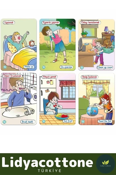 Zeka Geliştirici Dil Eğitici Kişisel Gelişim Çocuk Bir Günüm Eylem Resimli Aktivite Kartları - 3