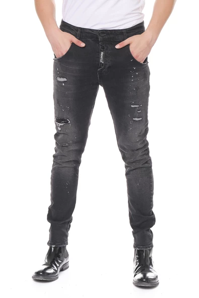Erkek Skinny Fit Yırtlık Yıkamalı Boya Desenli Jean Kot Pantolon - 5