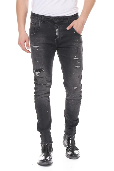 Erkek Skinny Fit Yırtlık Yıkamalı Boya Desenli Jean Kot Pantolon - 4