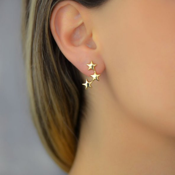 14 Ayar Altın Üç Yıldızlı Küpe - Resim 2