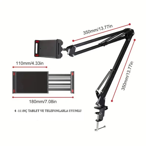 Akrobat Hareketli Uzun Kol Telefon İpad Tablet Tutucu Katlanır Stand Mengeneli 4 11inç - 7