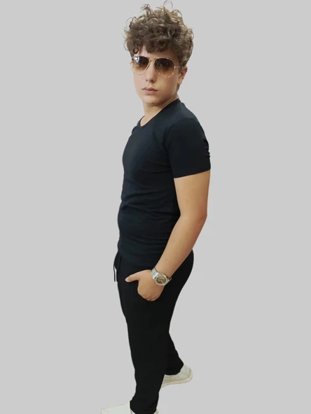 Erkek Basıc Düz V Yaka Siyah Tişört - Resim 6