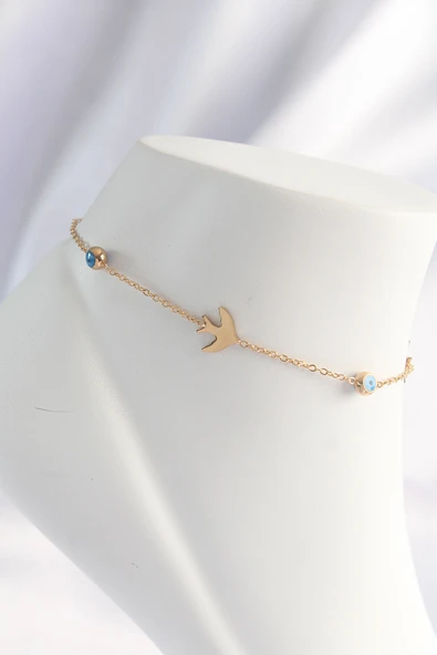 316L Çelik Gold Renk Nazar Boncuk Detay Kuş Tasarımlı Halhal - TJ-HH1616