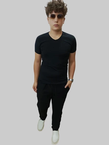Erkek Basıc Düz V Yaka Siyah Tişört - Resim 5