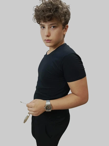 Erkek Basıc Düz V Yaka Siyah Tişört - Resim 12