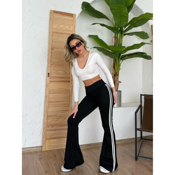 Lucky Life Kadın Yüksek Bel şerit Detaylı Ispanyol Paçalı Dalgıç Pantolon - 4