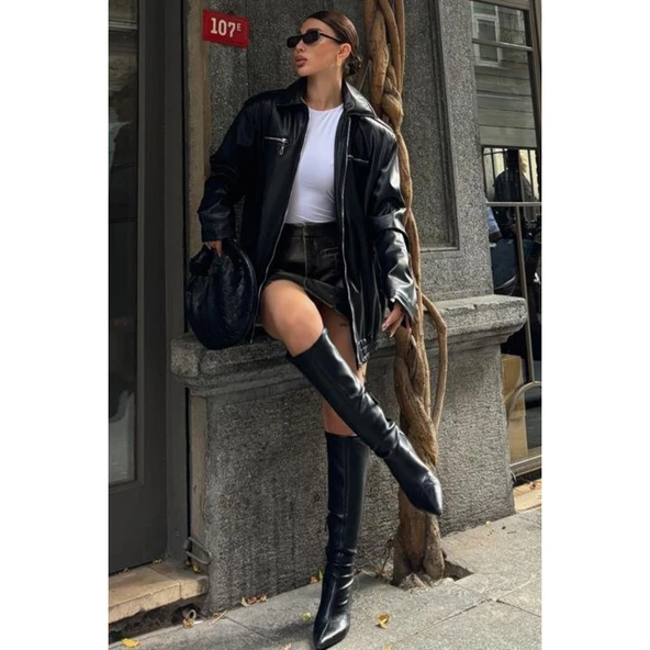 Lucky Life Kadın Oversize Suni Deri Ceket