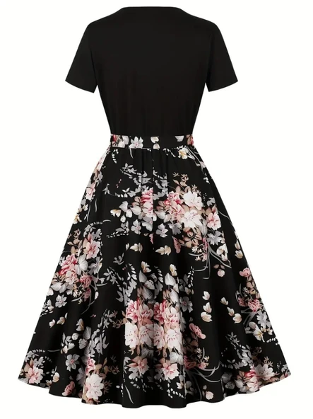 Lucky Life Kadın Kısa Kollu Bisiklet Yaka çiçek Desenli üst Viskon Alt Süprem Kısa Elbise - Resim 4