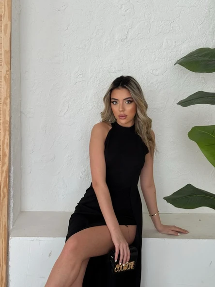 Lucky Life Kadın Halter Yaka Derin Yırtmaç Detaylı Tam Boy Ithal Krep Abiye Elbise - Resim 5