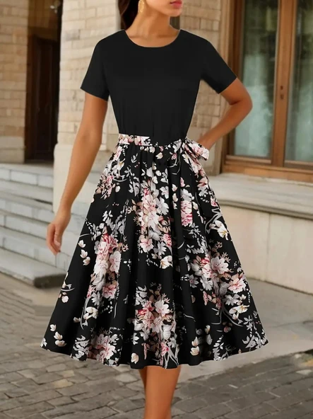 Lucky Life Kadın Kısa Kollu Bisiklet Yaka çiçek Desenli üst Viskon Alt Süprem Kısa Elbise - Resim 6