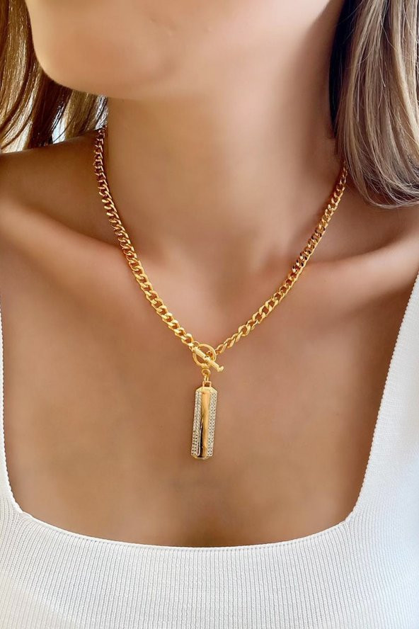 Altın Kaplama Zirkon Taşlı Plaka Kolye, Choker Kolye