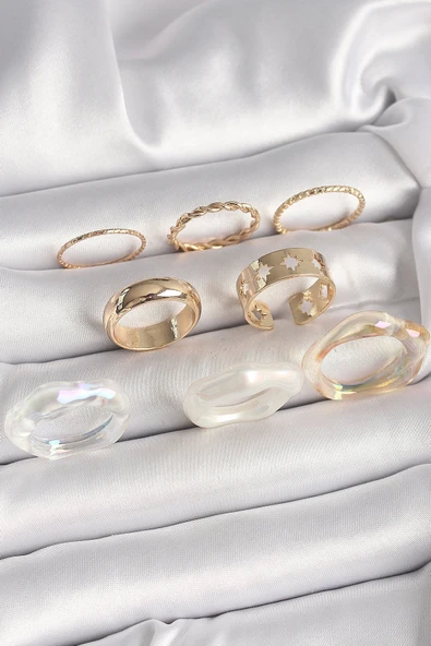 Pirinç Gold Renk Beyaz Akrilik Plastik Modek Kutup Yıldız İşleme Detay Kadın Yüzük Kombini