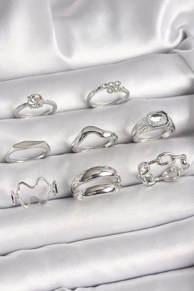 Pirinç Gümüş Renk Zirkon Taşlı Zincir Model Detay Kadın Yüzük Kombini - TJ-BYK3647