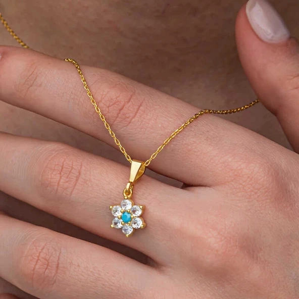Gümüş Mavi Taşlı Gold Çiçek Kadın Kolye - 3