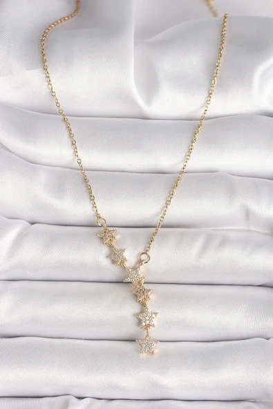 316L Çelik Gold Renk Zincir Zirkon Taşlı Yıldız Model Kadın Kolye - TJ-BKO9903 - Resim 2
