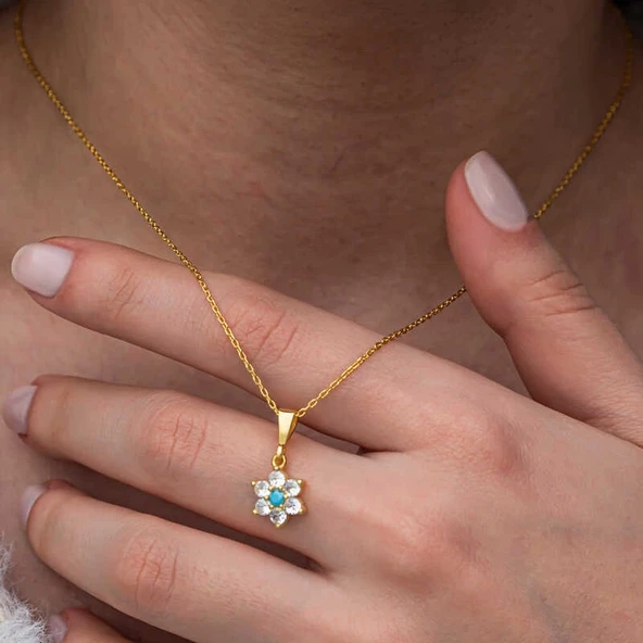 Gümüş Mavi Taşlı Gold Çiçek Kadın Kolye - 2