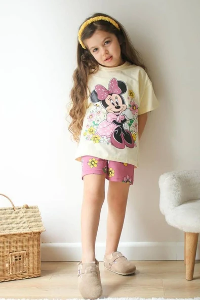 Bej Minnie Mouse Kısa Kollu Şortlu Çizgi Karakter Baskılı Kız Çocuk 2li Takım - Resim 2