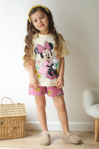 Bej Minnie Mouse Kısa Kollu Şortlu Çizgi Karakter Baskılı Kız Çocuk 2li Takım - 3