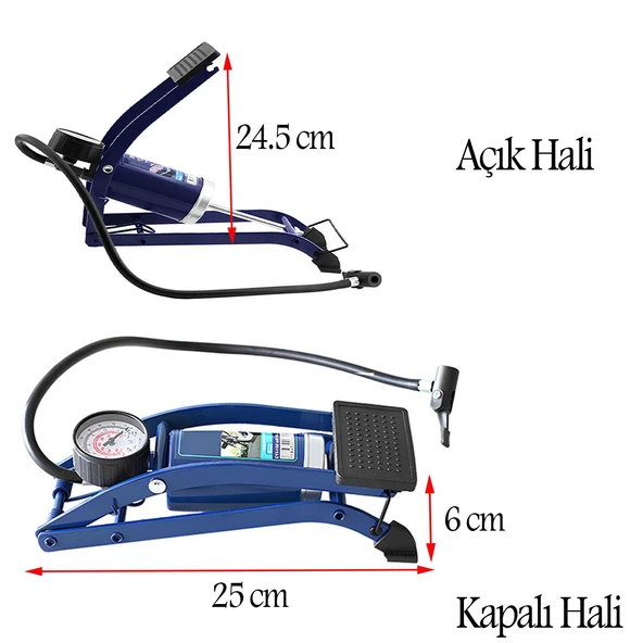 Ayak Tipi Hava Pompası Göstergeli Tekli Teker Araç Araba Bisiklet  Motorsiklet Top Pompası - 4