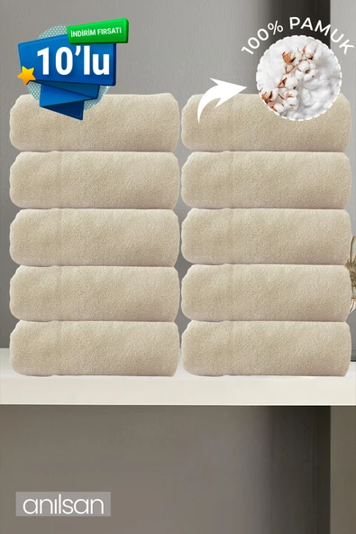 10'lu Bej El Havlusu - 50x90 Cm, 225 Gr, %100 Pamuk, Spa Ve Otel Havlusu, Günlük Kullanıma Uygun