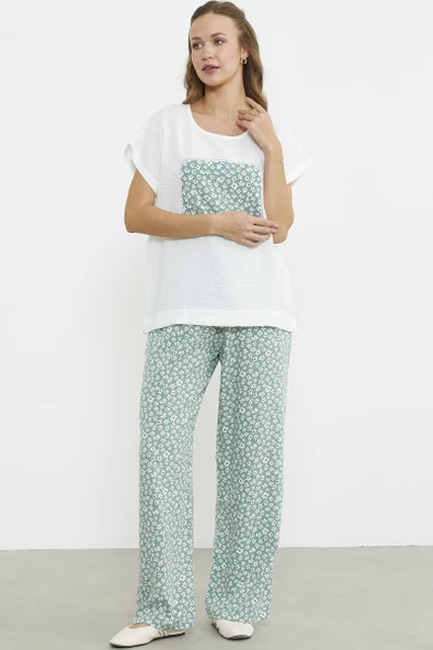 Çiçek Desen Kombinli İkili Takım - Yeşil - Resim 3