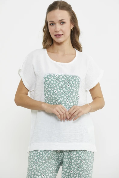 Çiçek Desen Kombinli İkili Takım - Yeşil - Resim 4