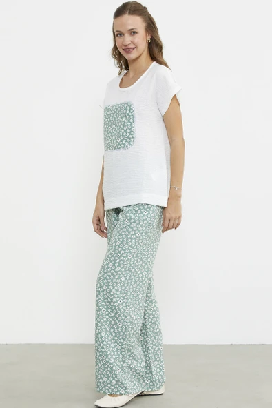 Çiçek Desen Kombinli İkili Takım - Yeşil - Resim 5