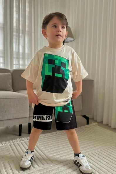 Bej Mine Craft Çizgi film Baskılı Alt Üst Erkek Çocuk 2li Takım - Resim 2