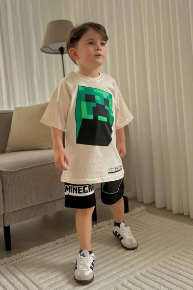 Bej Mine Craft Çizgi film Baskılı Alt Üst Erkek Çocuk 2li Takım - Resim 3