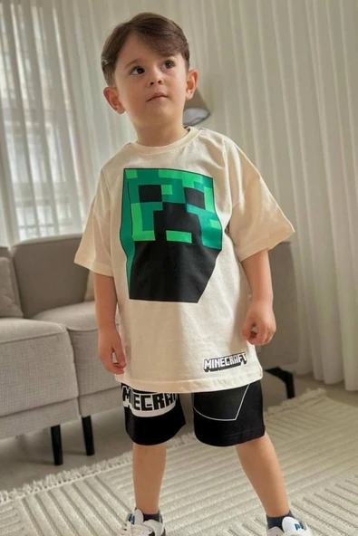 Bej Mine Craft Çizgi film Baskılı Alt Üst Erkek Çocuk 2li Takım - Resim 1