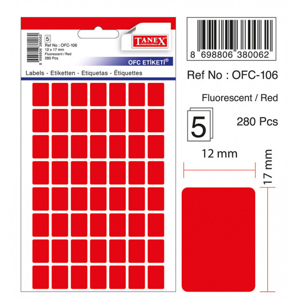 Tanex Fluorescent / RED Ofis Etiketi 12mmX17mm 5.yaprak (280 Etiket)