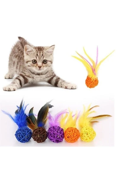 BUFFER® 2li Rattan Renkli Peluş Tüy Kedi Köpek Oyuncak Yakalama Çiğneme Çıngıraklı Top Oyuncağı