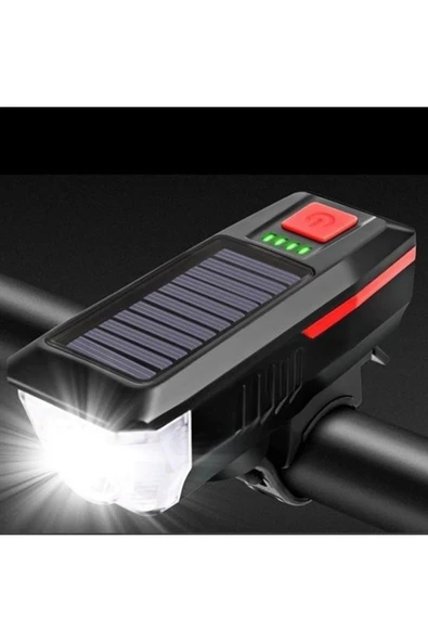 BUFFER® Solar Enerjili USB ile Şarj Edilebilir Ledli Bisiklet Feneri Kornalı ve Su Geçirmez Far