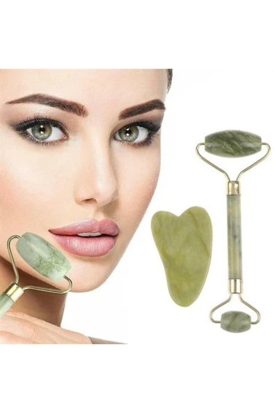 BUFFER® Çift Taraflı 2li Cilt Yüz Masaj Aleti Jade Roller Yeşim  Taşı Seti