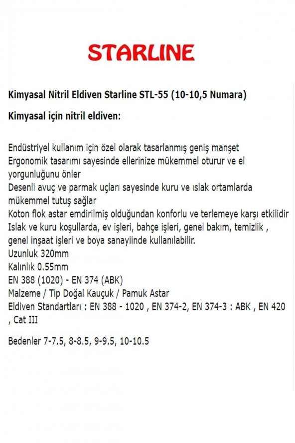 Kimyasal Nitril Eldiven Starline Stl-55 (10-10,5 Numara) X 10 Adet - 8
