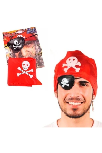 Korsan Bandana, Göz Maskesi ve Küpe 3'lü Kostüm Seti