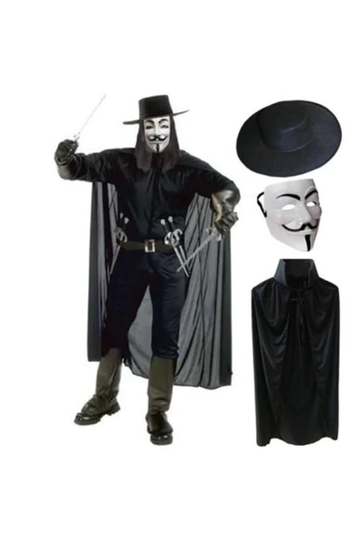V For Vendetta Maskesi Şapka Pelerin Seti