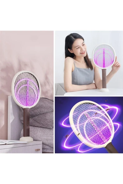 BUFFER® Şarjlı Sinek Öldürücü Masaüstü Standlı,Mor Işık 43cm Sinek Kovucu Raket