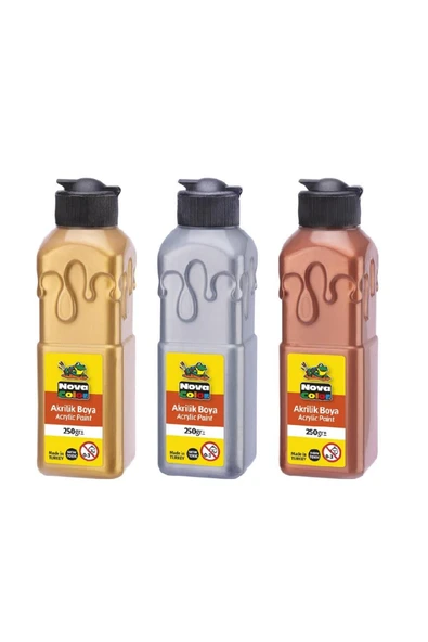 TİFOYS  Akrilik Boya 250 ml 3 Renk Altın Sarı - Gümüş Gri - Bakır Yaldız 1 Paket Akrilik Boyalar
