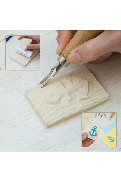 TİFOYS  Lino Cutter Linol Oyma Kesme Bıçak Seti 5 Bıçaklı Linolyum Baskı Ahşap Saplı - 5