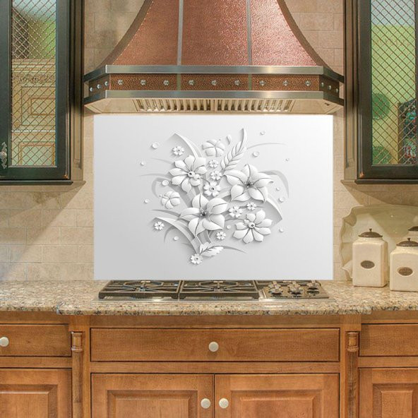 Mutfak Duvar Tezgah Arası Ocak Arkası Sticker Kaplama Gri Çiçekler