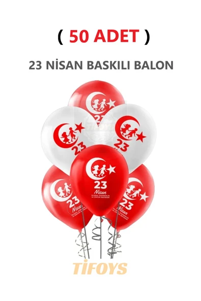 TİFOYS  ( 50 Adet ) 23 Nisan Baskılı Lateks Balon Kırmızı Beyaz