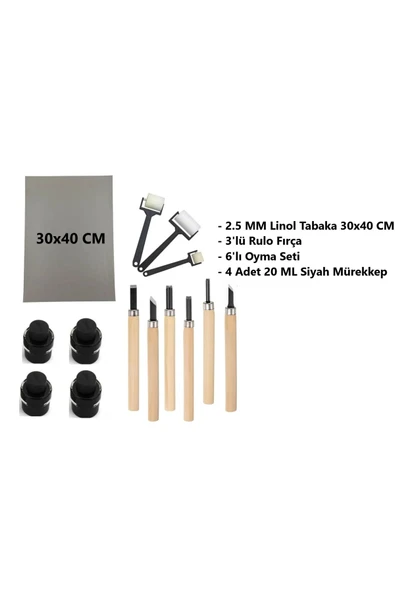 TİFOYS  Linol Tabaka Levha 2.5 Mm 30x40 Cm , Siyah Mürekkep , 3'lü Sünger Rulo Merdane , 6'lı Oyma Seti