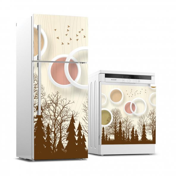 Buzdolabı ve Bulaşık Makinası Beyaz Eşya Sticker Kaplama Kahverengi Ağaç Daireler