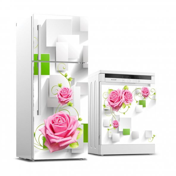 Buzdolabı ve Bulaşık Makinası Beyaz Eşya Sticker Kaplama Pembe Gül Yeşil