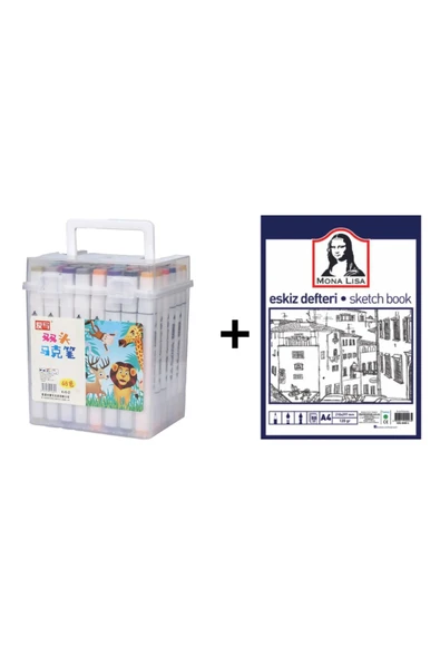 TİFOYS  48'li Çift Taraflı Art Marker Keçeli Kalem Seti Kutulu + Mona Lisa Eskiz Defteri A4 50 Yaprak 120GR.